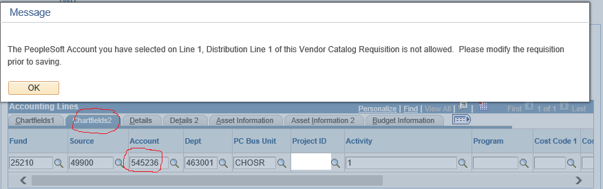 A screenshot of a common error from eProcurement stating that the Peoplesoft Account you have selected is not allowed.